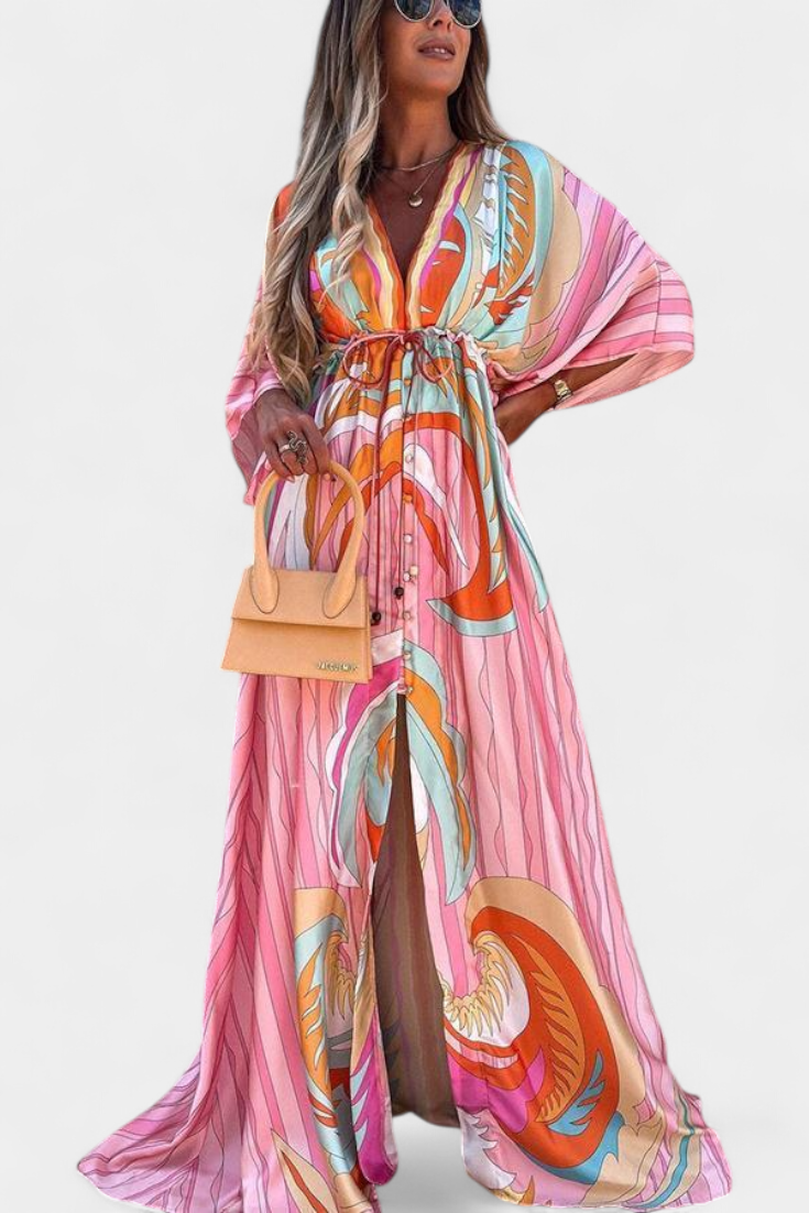 Vestido Maxi Arcoíris Con Manga Murciélago Fluido Estampado