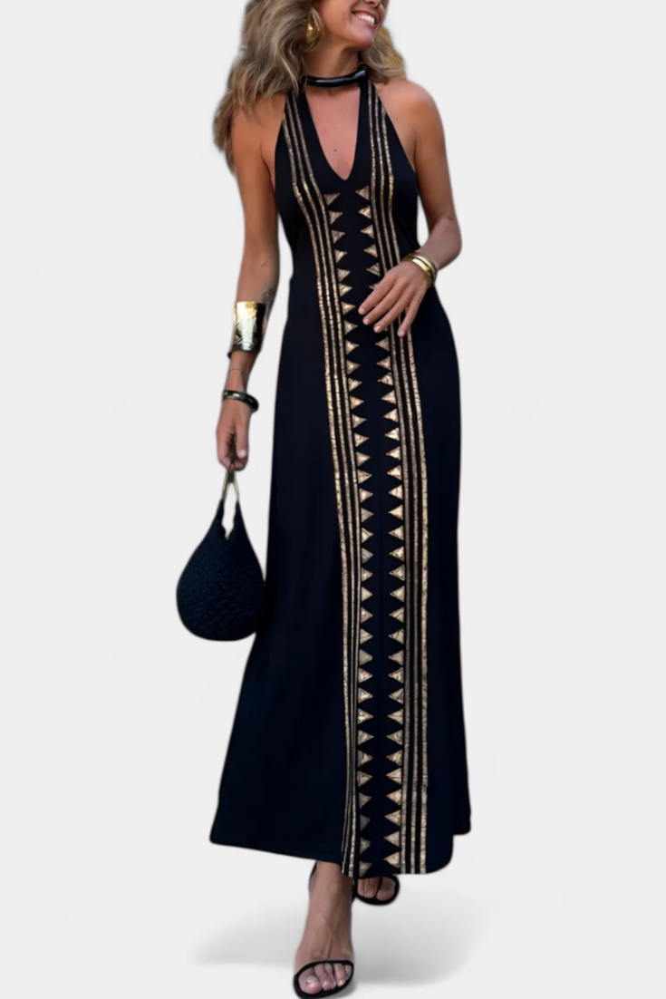 Dulce Vestido Largo Halter Espalda Descubierta Dorado