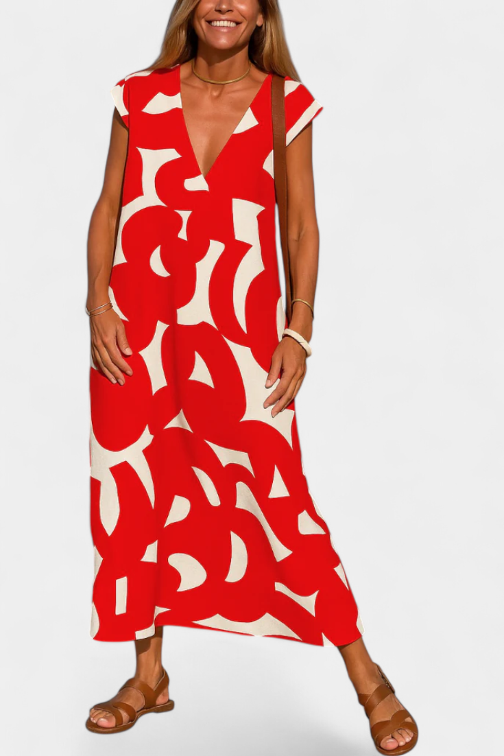 Vestido Estampado Mixi Con Escote En V Saca Sonrisas