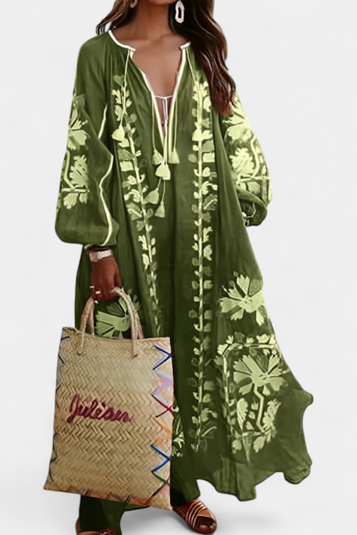 Vestido Bohemio Con Bordado Floral Y Mangas Abullonadas