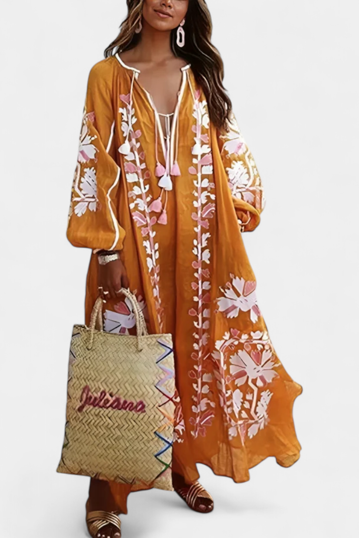 Vestido Bohemio Con Bordado Floral Y Mangas Abullonadas