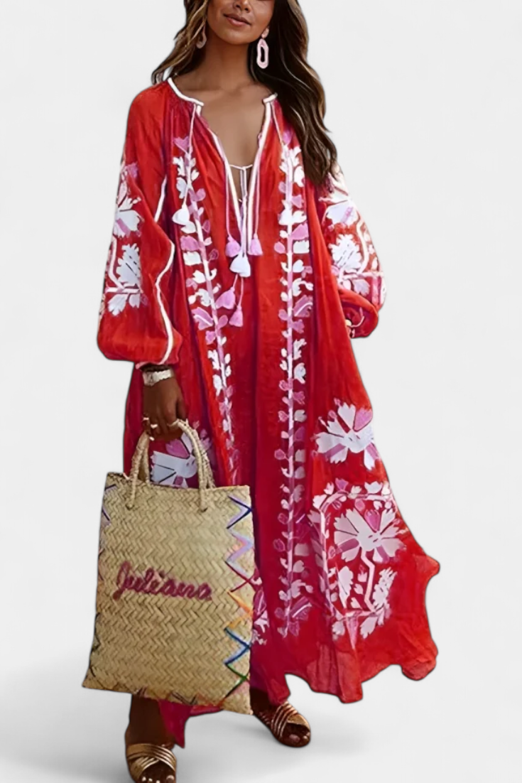 Vestido Bohemio Con Bordado Floral Y Mangas Abullonadas