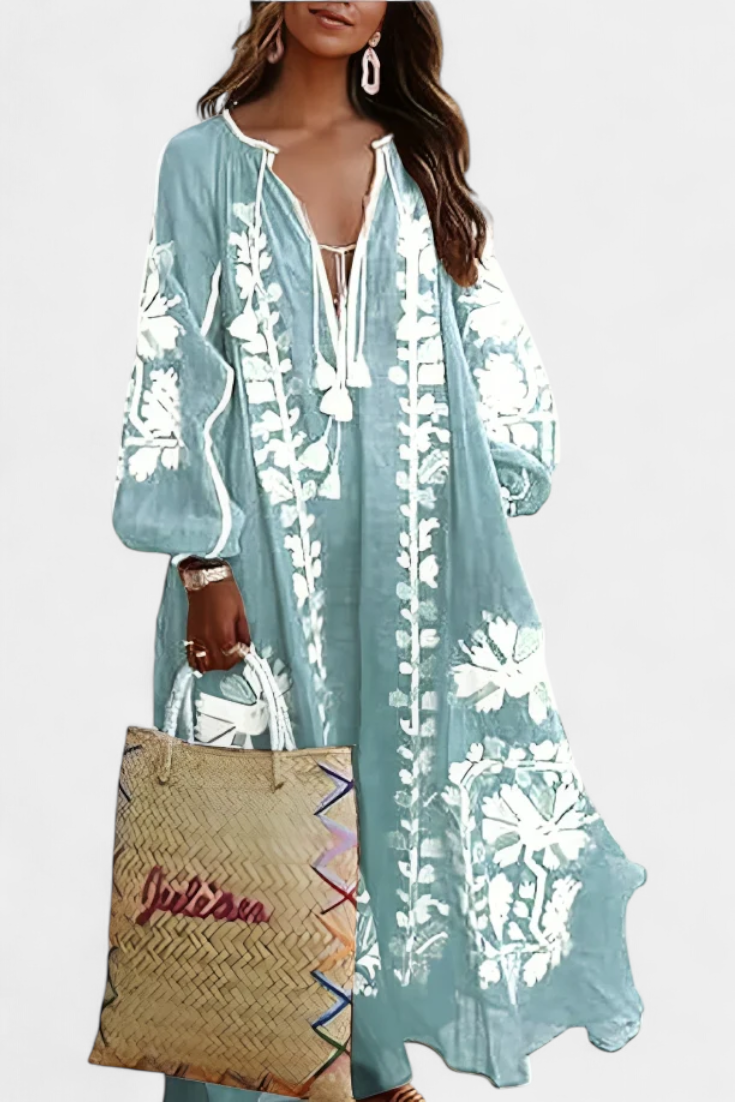Vestido Bohemio Con Bordado Floral Y Mangas Abullonadas
