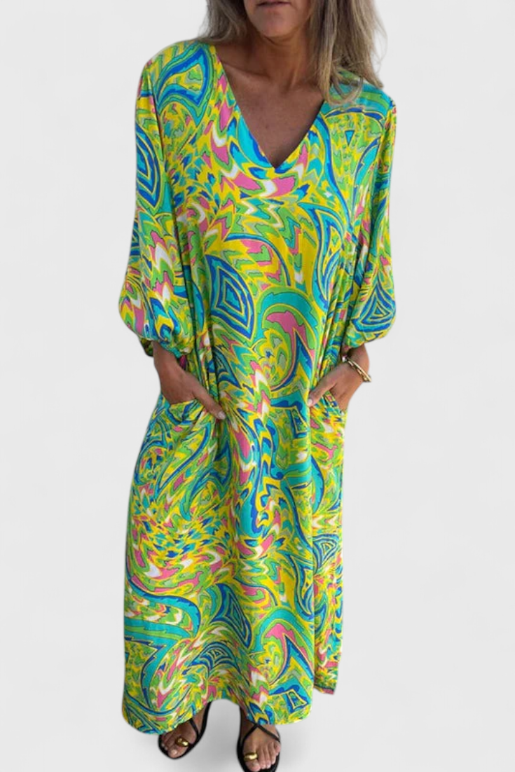 Vestido Maxi Bohemio Con Estampado Abstracto Y Escote En V