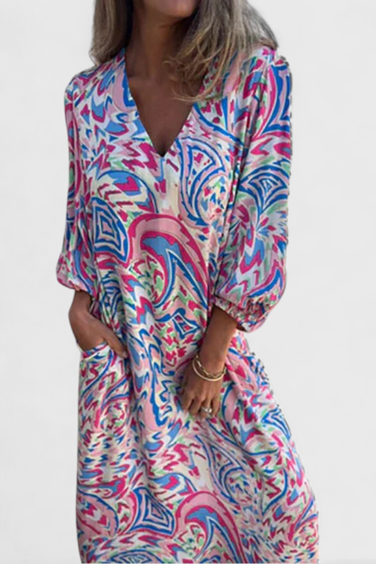 Vestido Maxi Bohemio Con Estampado Abstracto Y Escote En V