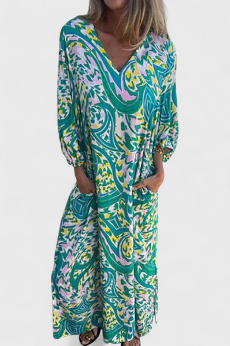 Vestido Maxi Bohemio Con Estampado Abstracto Y Escote En V