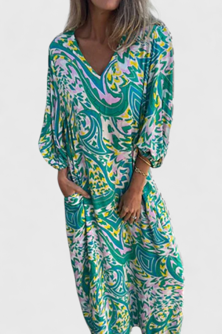 Vestido Maxi Bohemio Con Estampado Abstracto Y Escote En V