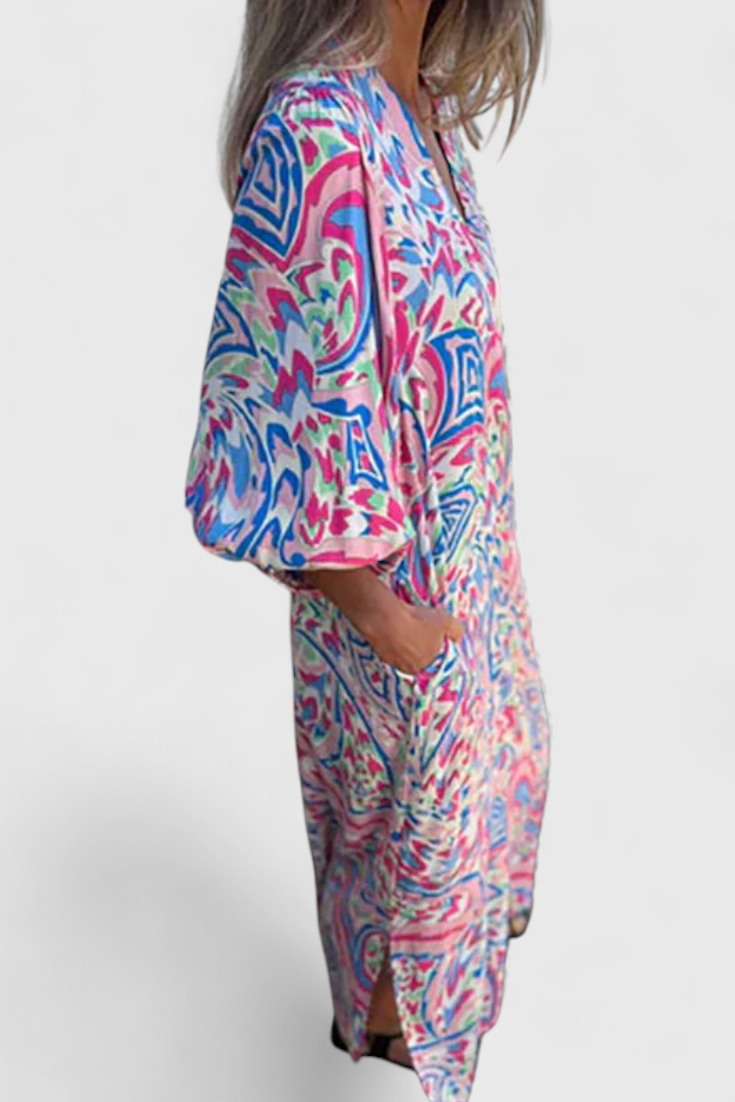Vestido Maxi Bohemio Con Estampado Abstracto Y Escote En V