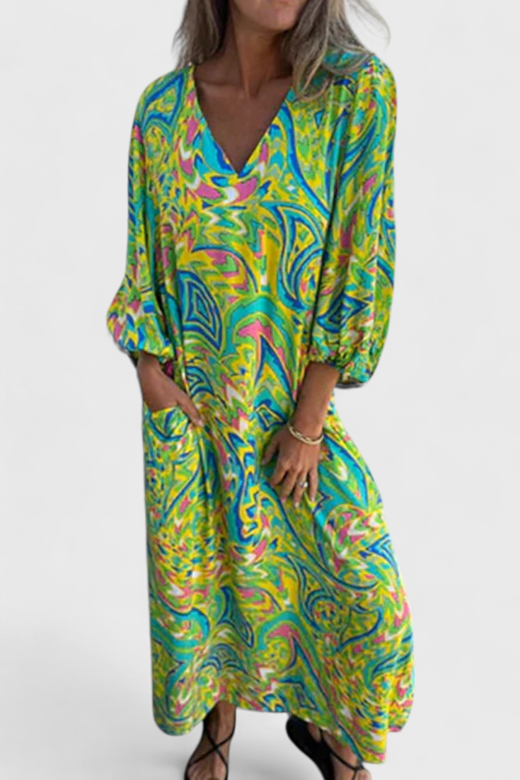 Vestido Maxi Bohemio Con Estampado Abstracto Y Escote En V