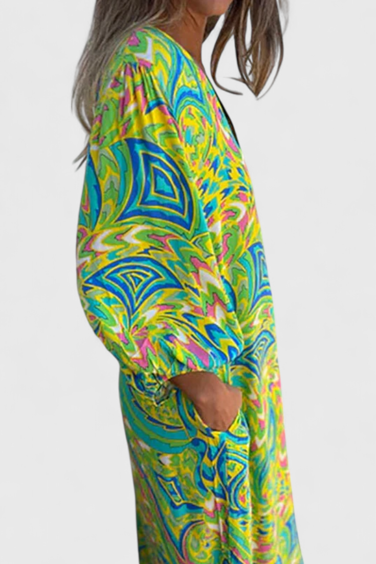 Vestido Maxi Bohemio Con Estampado Abstracto Y Escote En V