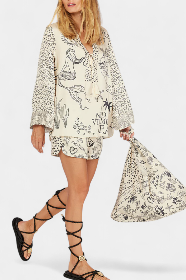 Conjunto Camisero Estampado Marina Con Shorts Elásticos