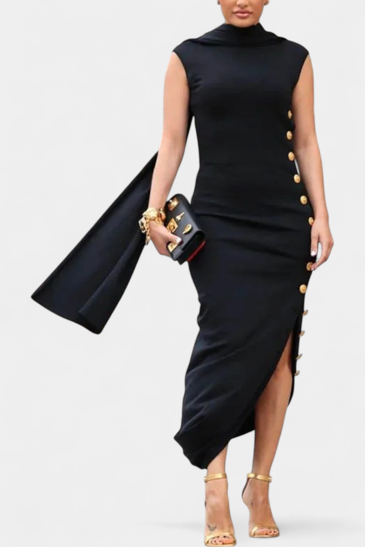 Vestido Asimétrico Con Botones Dorados Para Deslumbrar