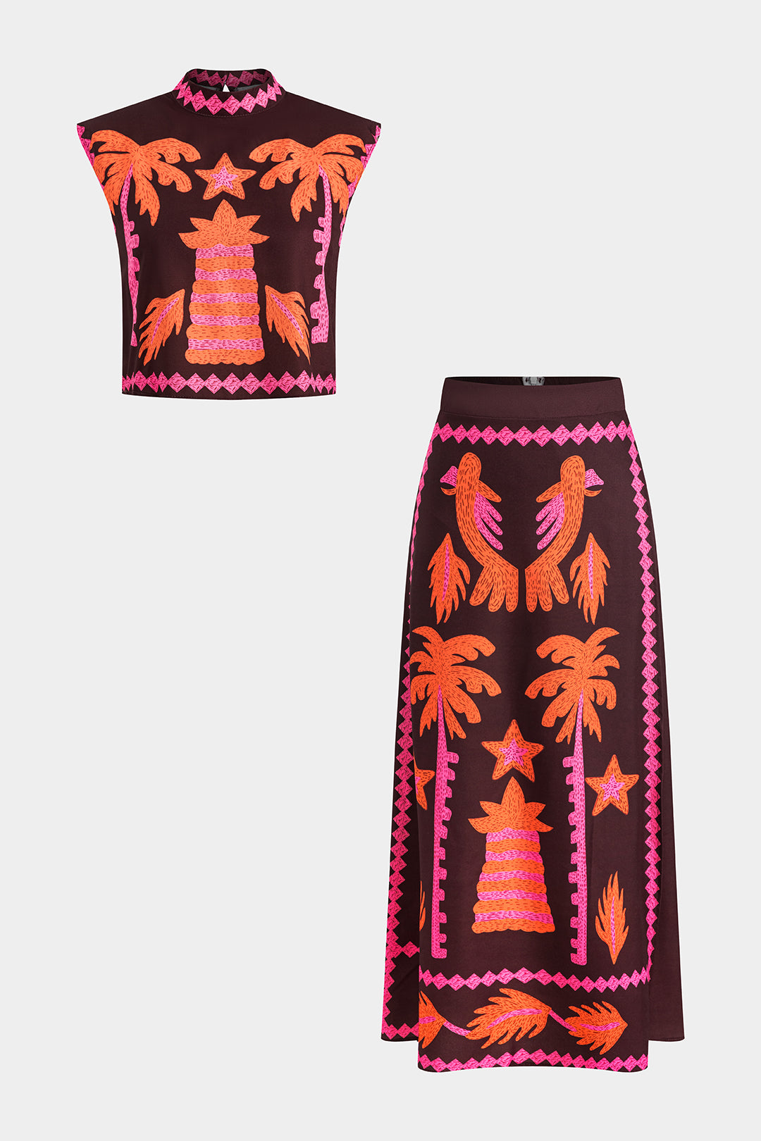 Conjunto Top Recortado Estampado Palmera Y Falda Exclusiva