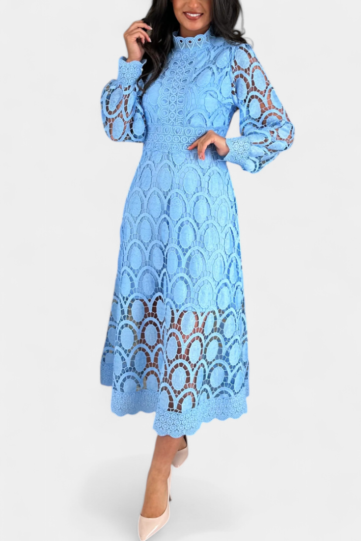 Vestido Midi Encaje Bordado Cuello Alto Privée Con Encanto