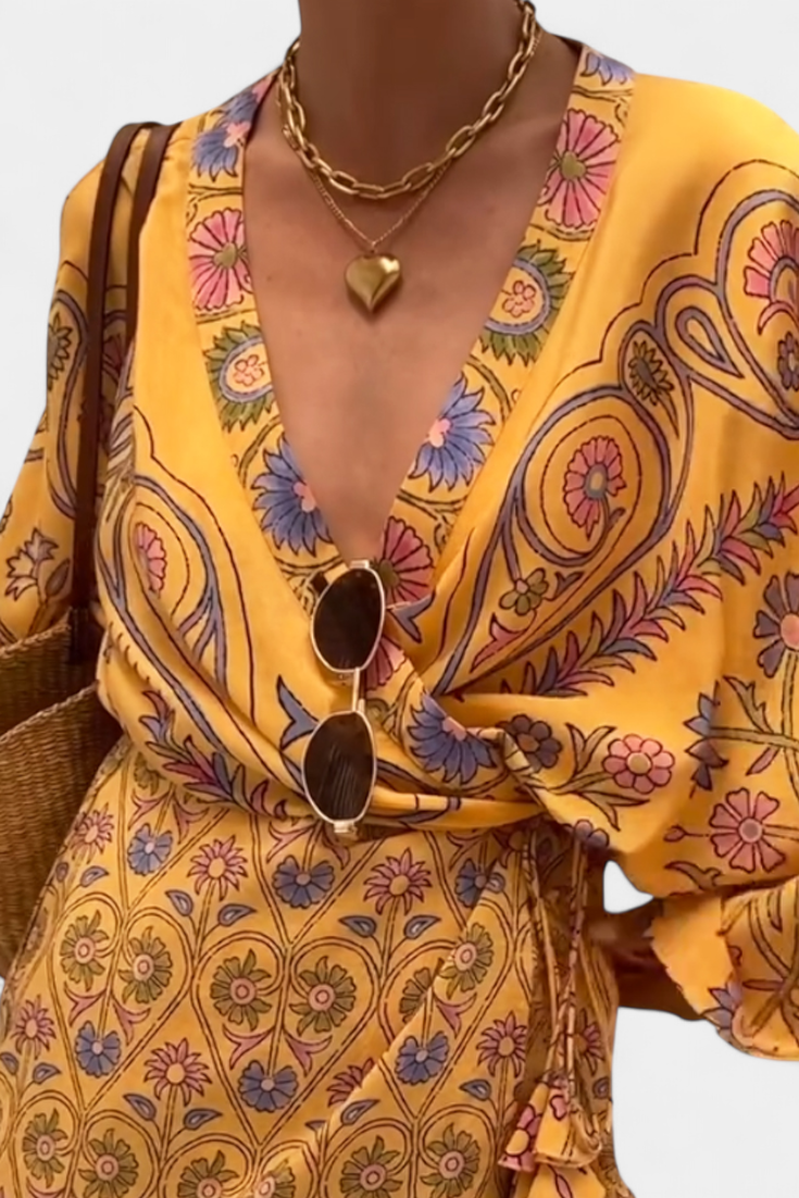 Vestido Candela Boho Floral Estampado Con Escote Cruzado
