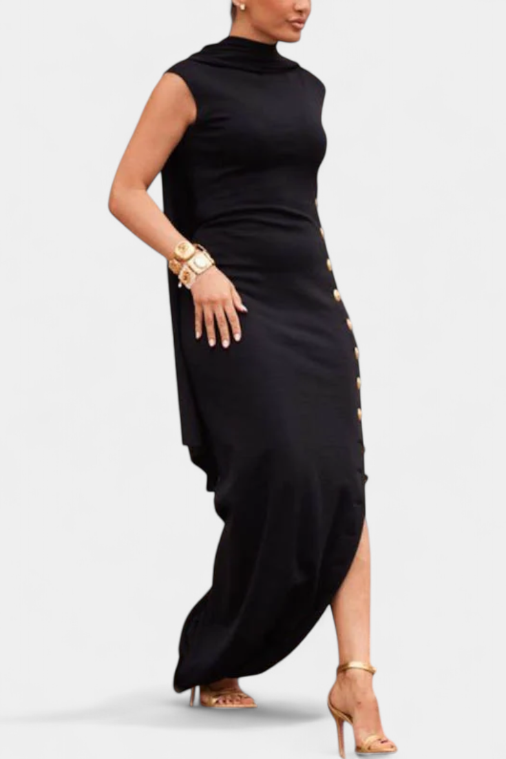 Vestido Asimétrico Con Botones Dorados Para Deslumbrar