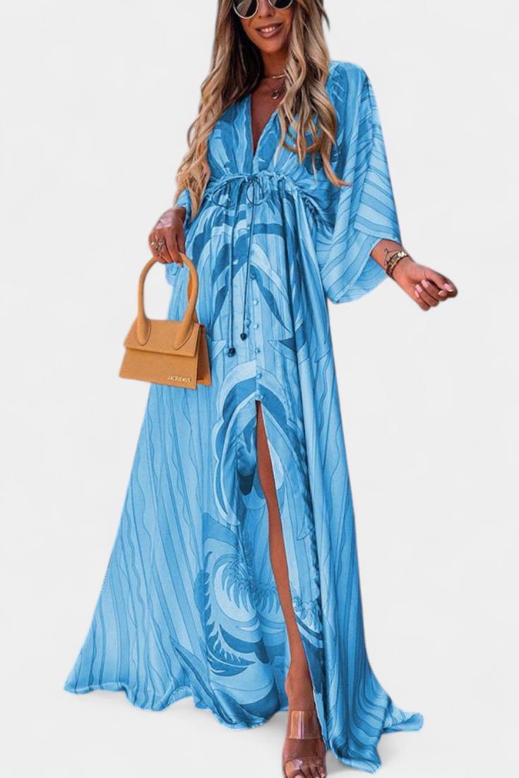 Vestido Maxi Arcoíris Con Manga Murciélago Fluido Estampado