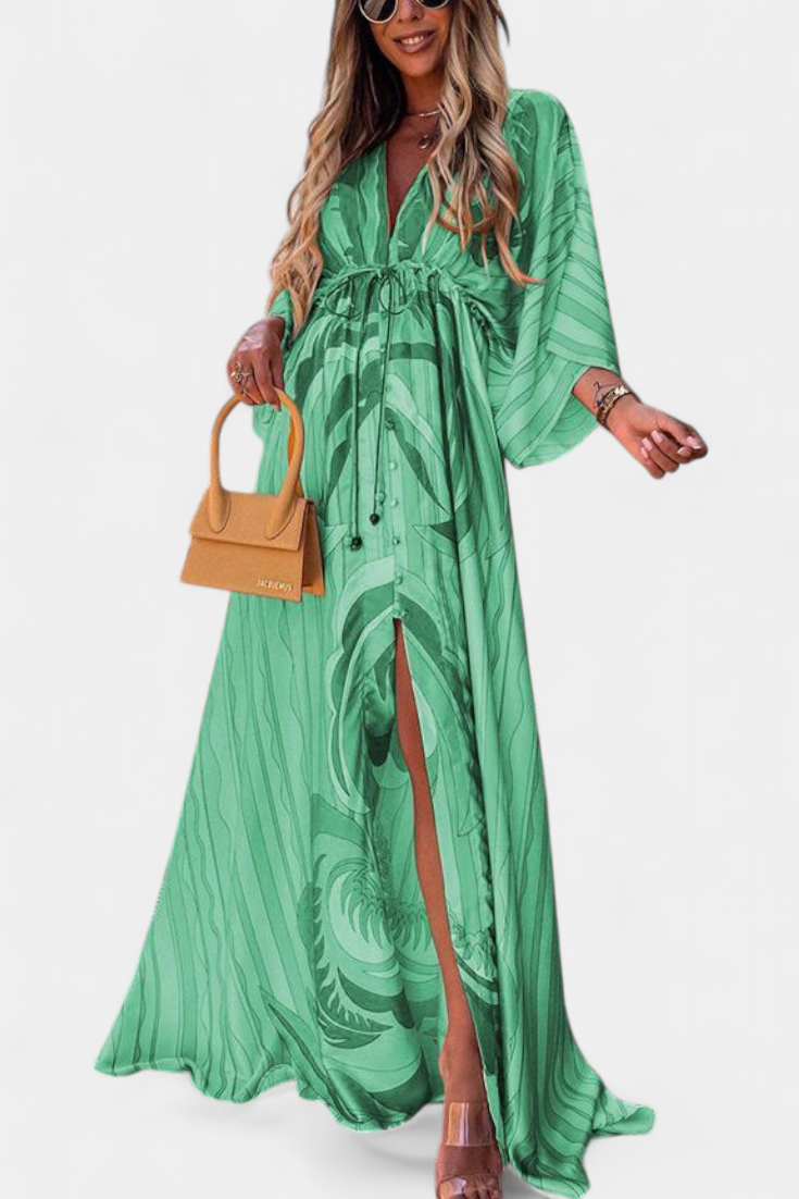 Vestido Maxi Arcoíris Con Manga Murciélago Fluido Estampado
