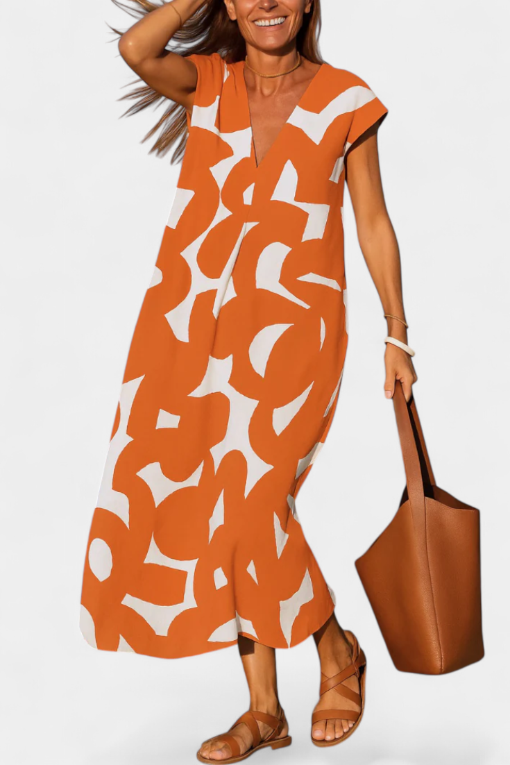 Vestido Estampado Mixi Con Escote En V Saca Sonrisas
