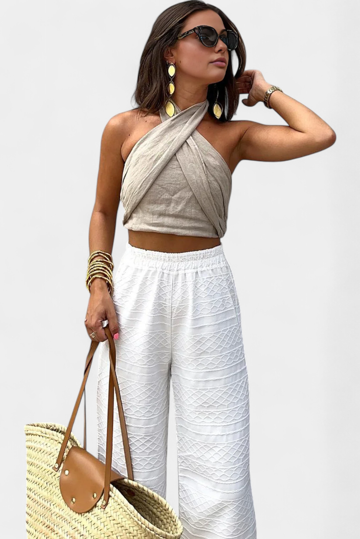 Top Cruzado Halter Lena Lazo Largo Brilla Premium Exclusivo