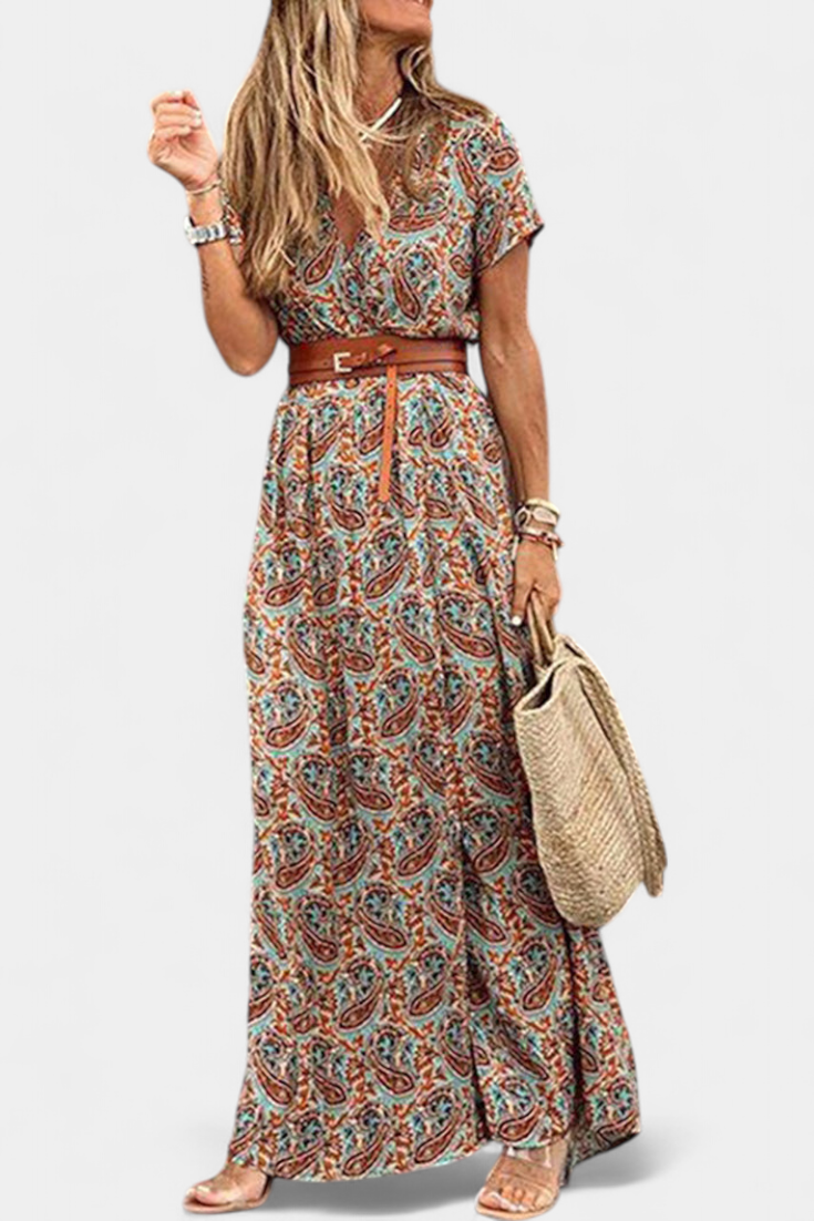 Anfisa Vestido Boho Verano con Cinturón y Escote V Genial