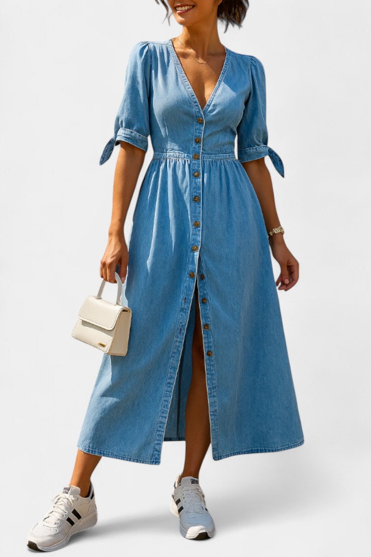 Vestido Midi Denim Premium Con Botones Y Escote V Muy Chic