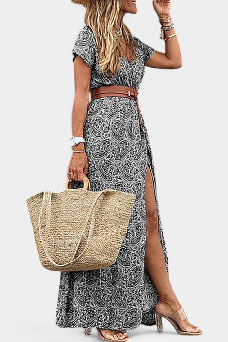 Anfisa Vestido Boho Verano con Cinturón y Escote V Genial