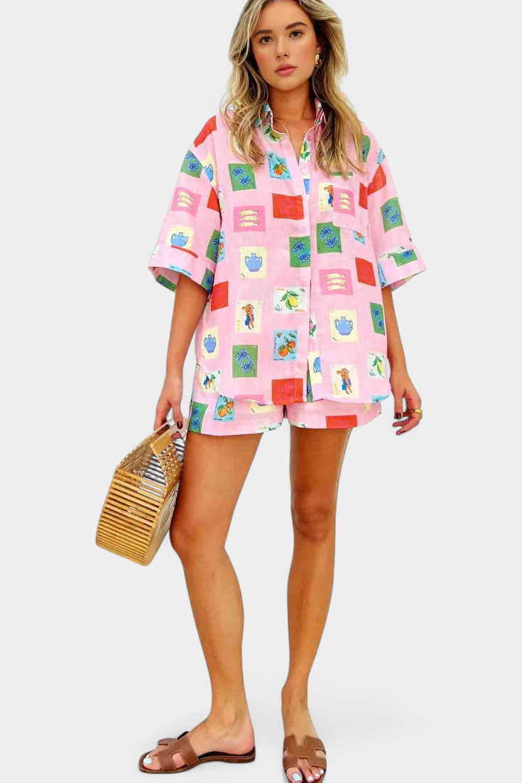 Conjunto De Camisa Y Shorts Rosa Estampado Vibrante