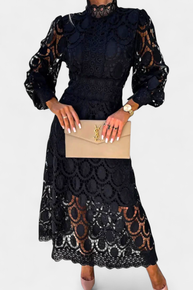 Vestido Midi Encaje Bordado Cuello Alto Privée Con Encanto