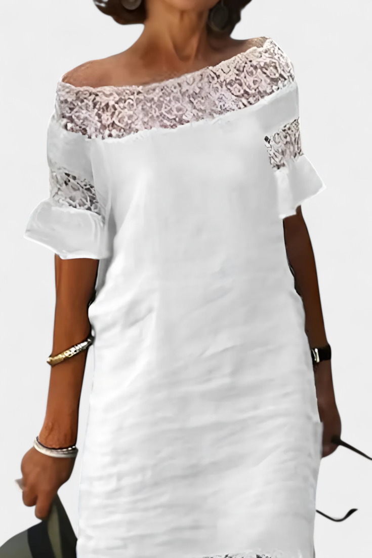Vestido Lino Con Encaje Cuello Barco Karol Colección Chic