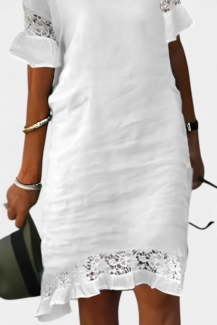 Vestido Lino Con Encaje Cuello Barco Karol Colección Chic