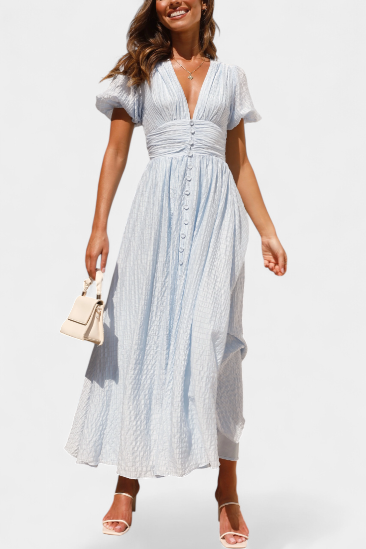 Vestido Maxi Seda Coqueto Con Escote V Y Mangas Abullonadas