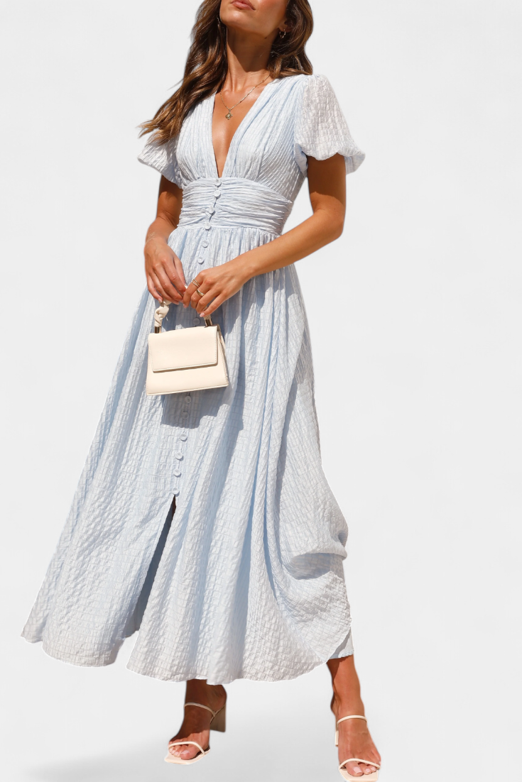 Vestido Maxi Seda Coqueto Con Escote V Y Mangas Abullonadas