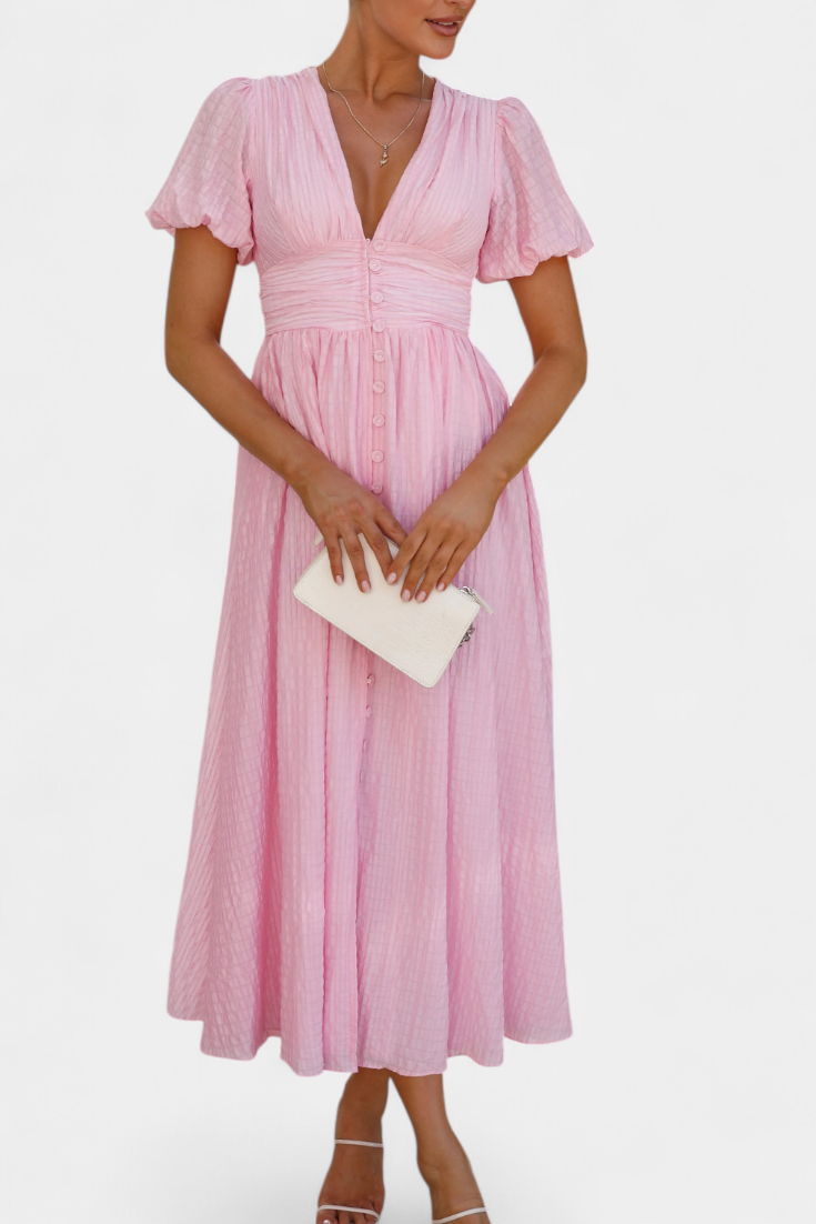 Vestido Maxi Seda Coqueto Con Escote V Y Mangas Abullonadas