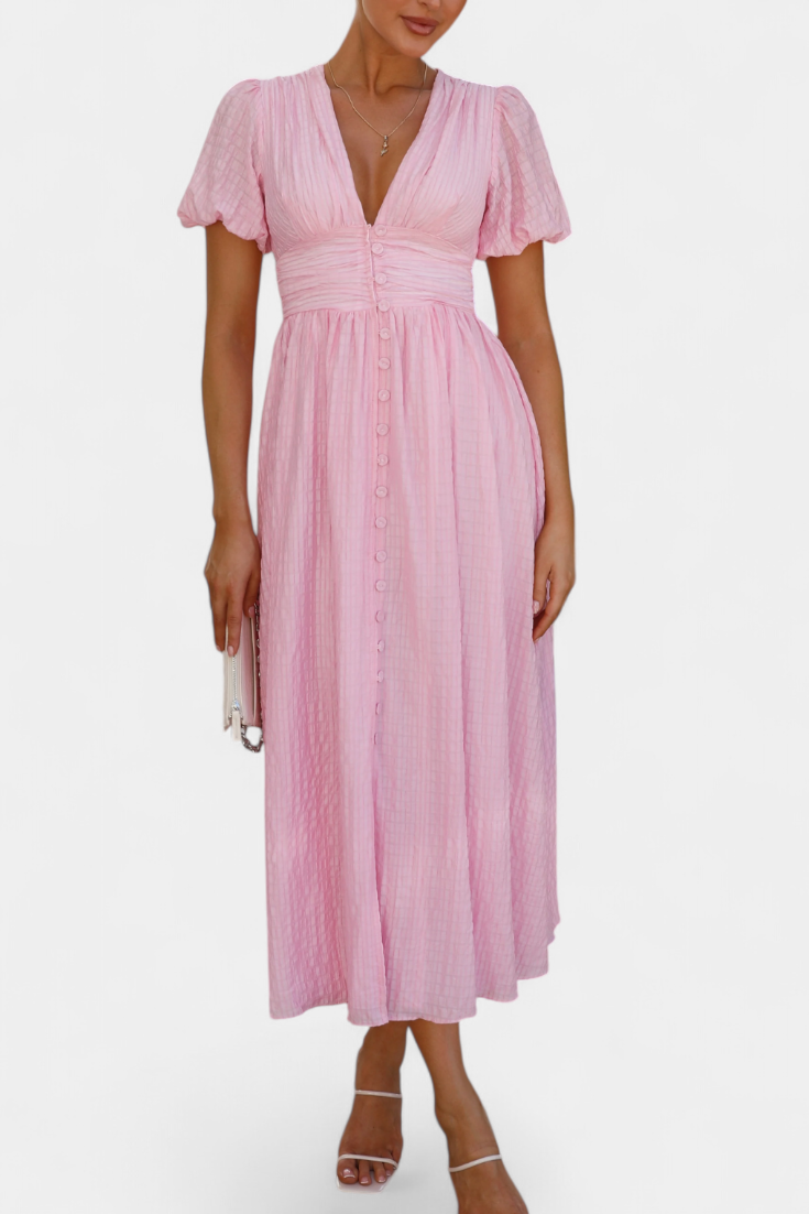 Vestido Maxi Seda Coqueto Con Escote V Y Mangas Abullonadas