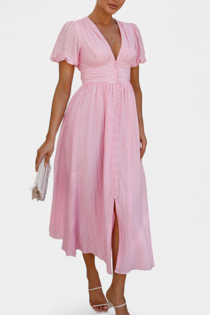 Vestido Maxi Seda Coqueto Con Escote V Y Mangas Abullonadas
