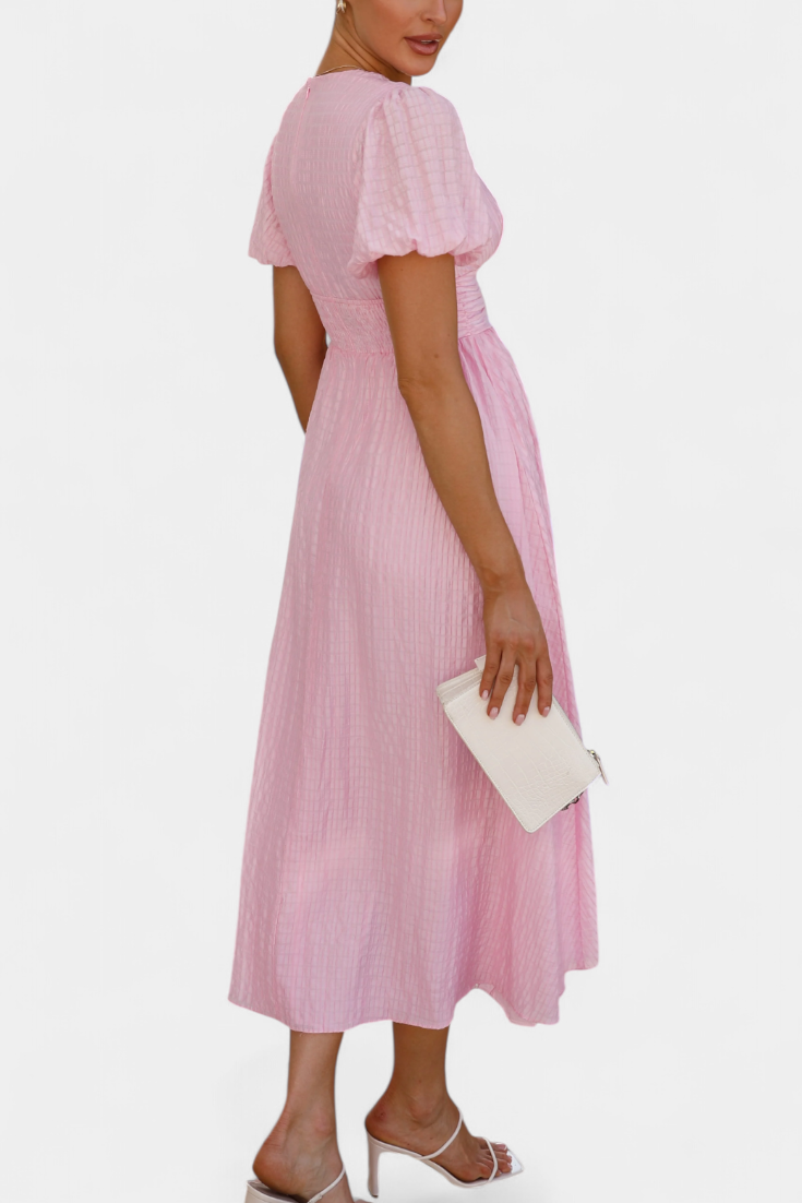 Vestido Maxi Seda Coqueto Con Escote V Y Mangas Abullonadas