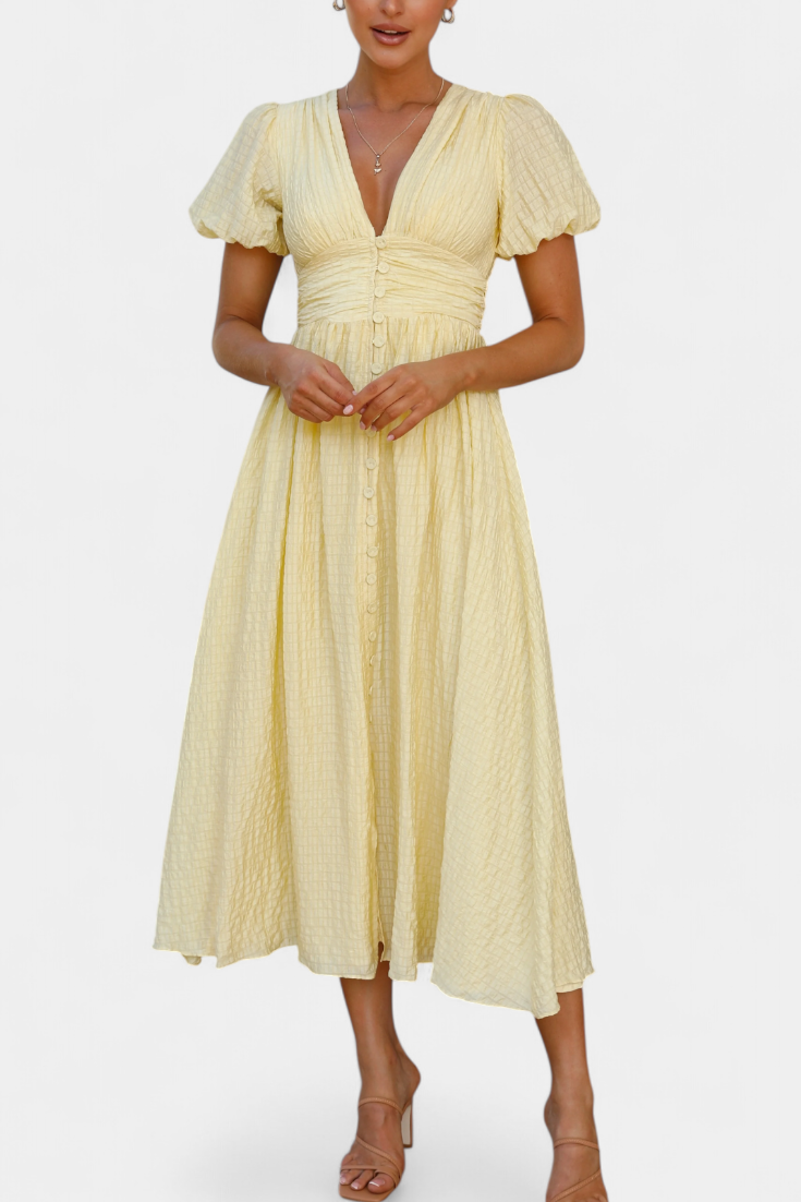 Vestido Maxi Seda Coqueto Con Escote V Y Mangas Abullonadas