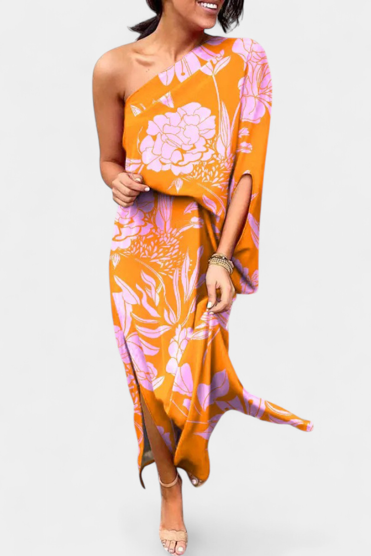 Vestido Un Hombro Carlena Estampado Romántico Exclusivo