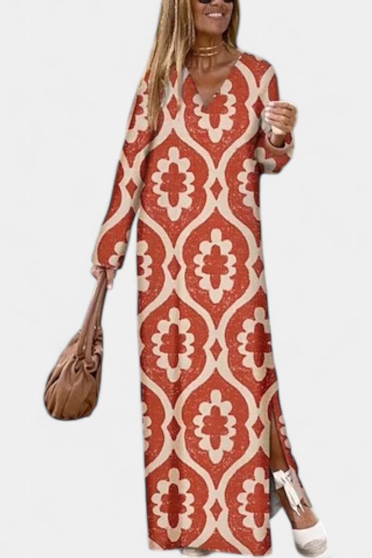 Vestido Largo Geométrico Brisa Con Escote En V Chic