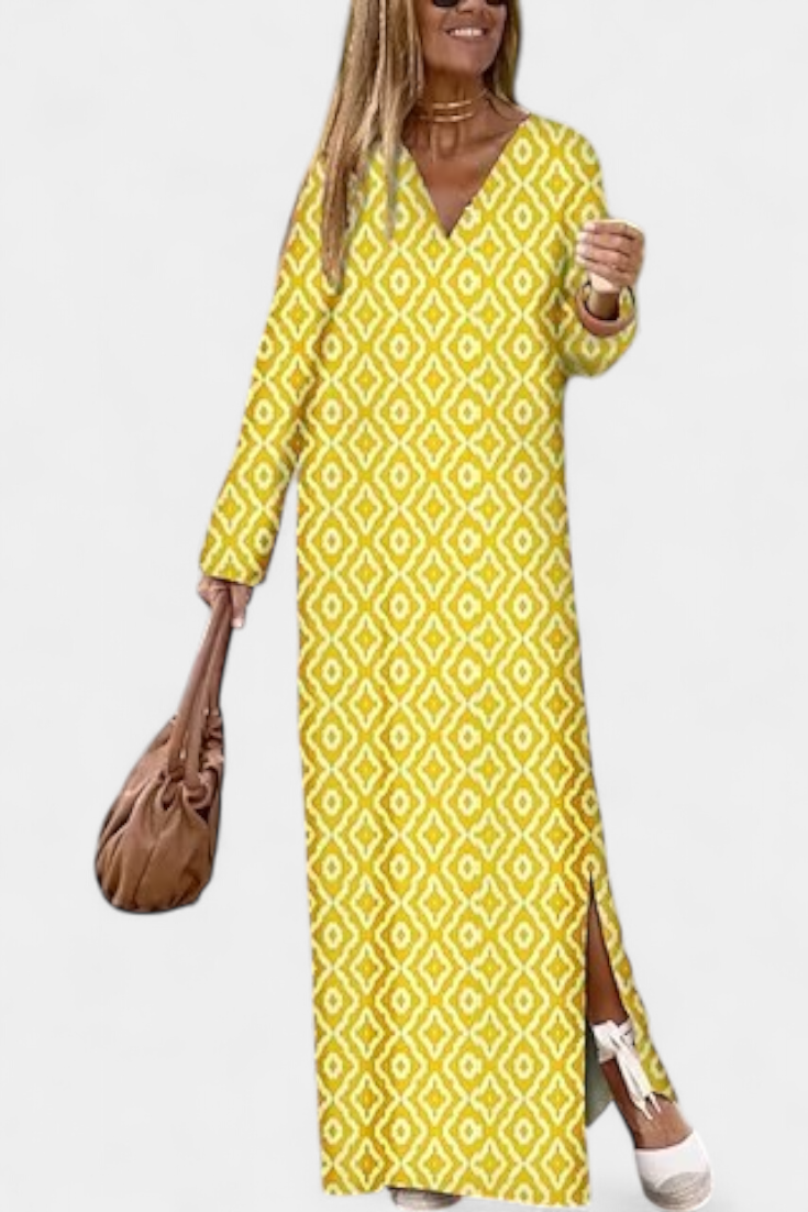 Vestido Largo Geométrico Brisa Con Escote En V Chic