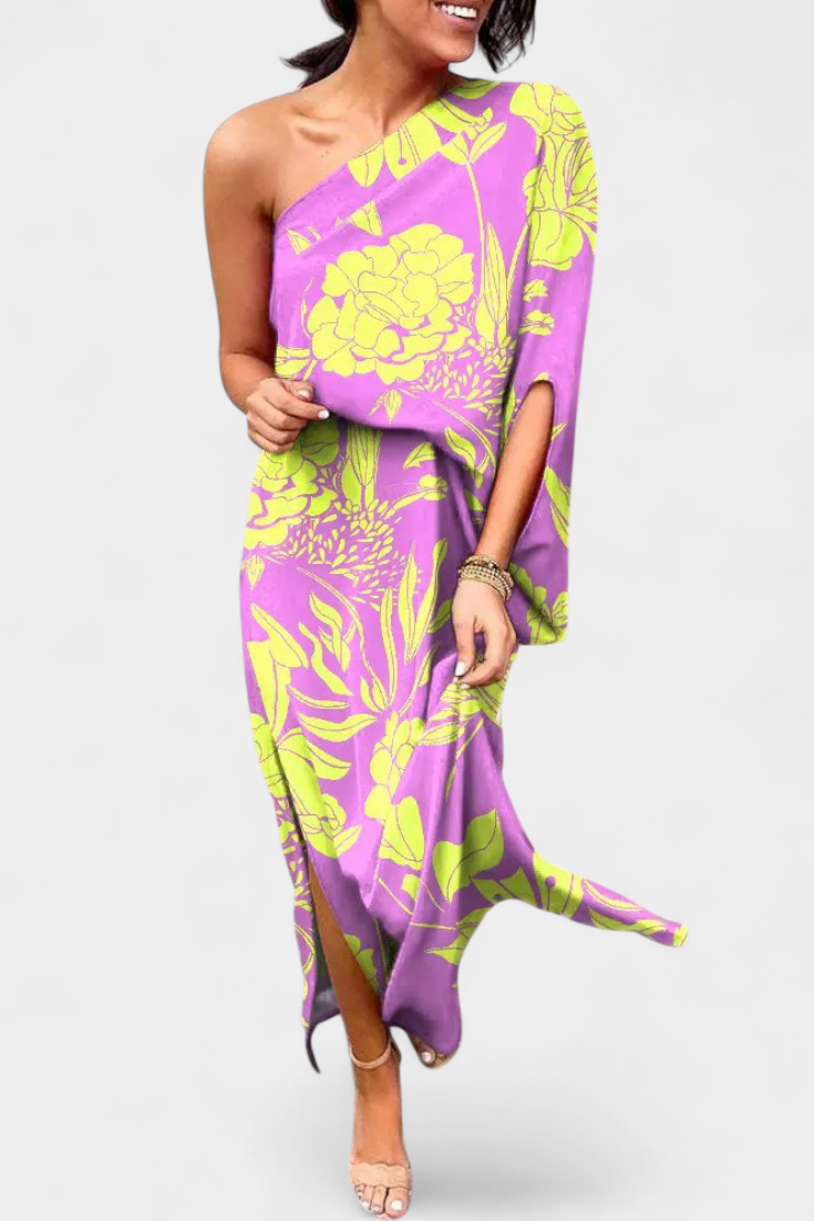 Vestido Un Hombro Carlena Estampado Romántico Exclusivo