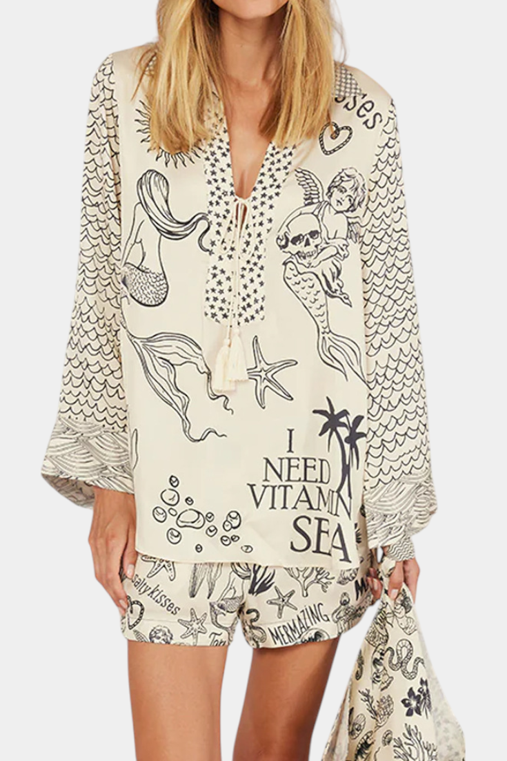 Conjunto Camisero Estampado Marina Con Shorts Elásticos