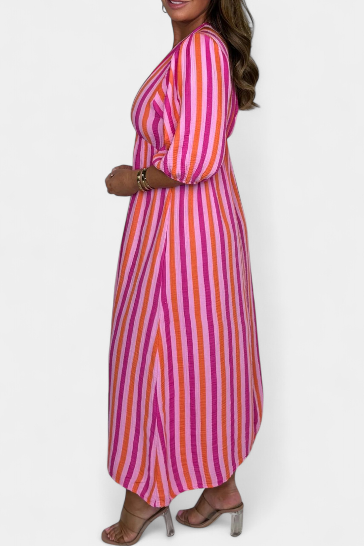 Vestido Midi Rayas Intensas Manga Globo Veraniego Estampado
