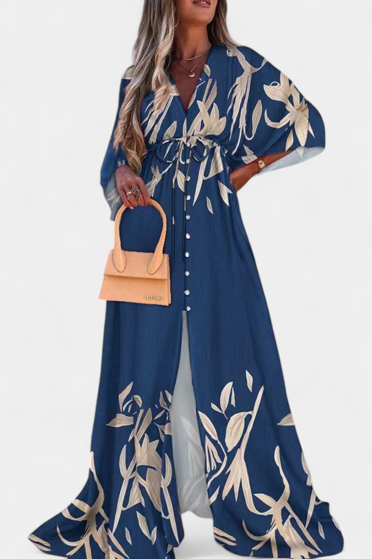 Vestido Maxi Arcoíris Con Manga Murciélago Fluido Estampado