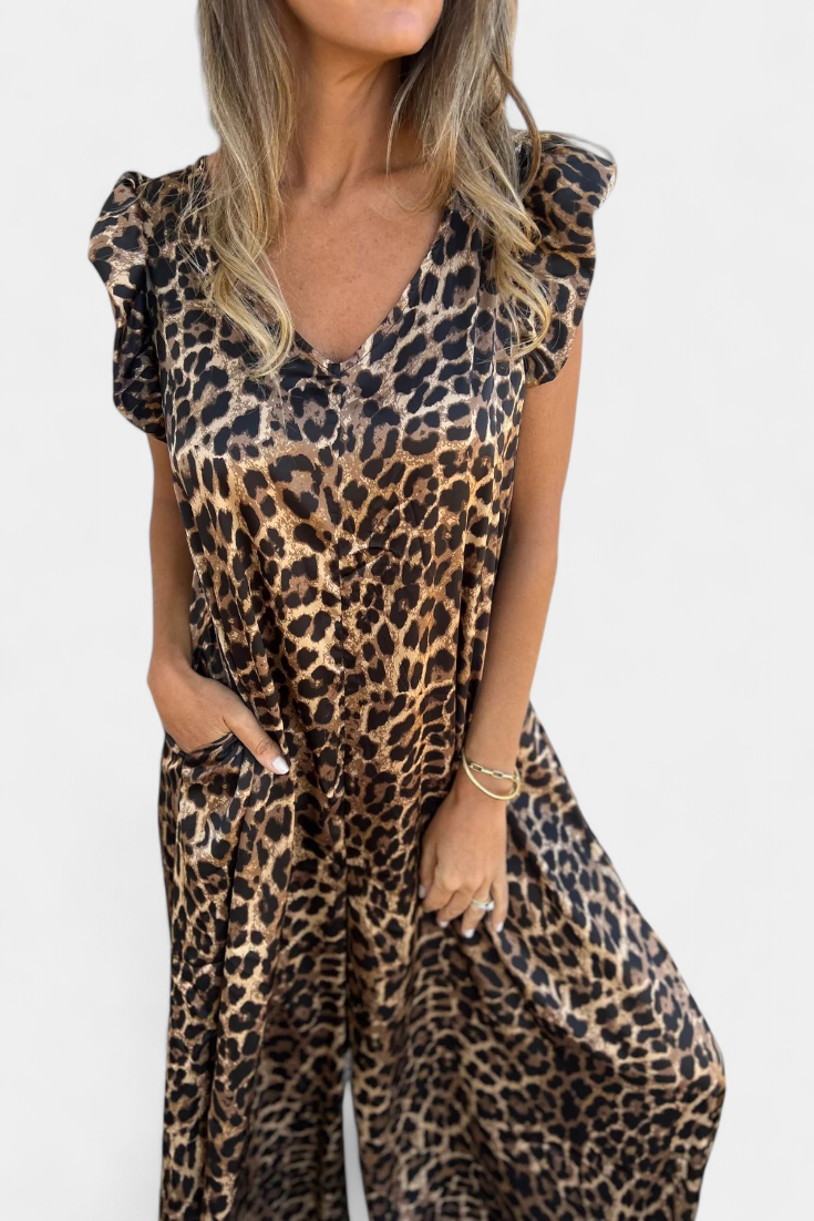 Mono Con Cuello En V Leopardo Chic Exclusiva Con Bolsillos