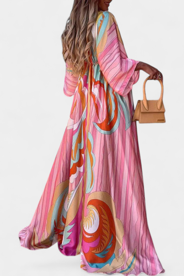 Vestido Maxi Arcoíris Con Manga Murciélago Fluido Estampado