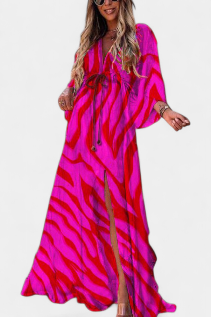 Vestido Maxi Arcoíris Con Manga Murciélago Fluido Estampado