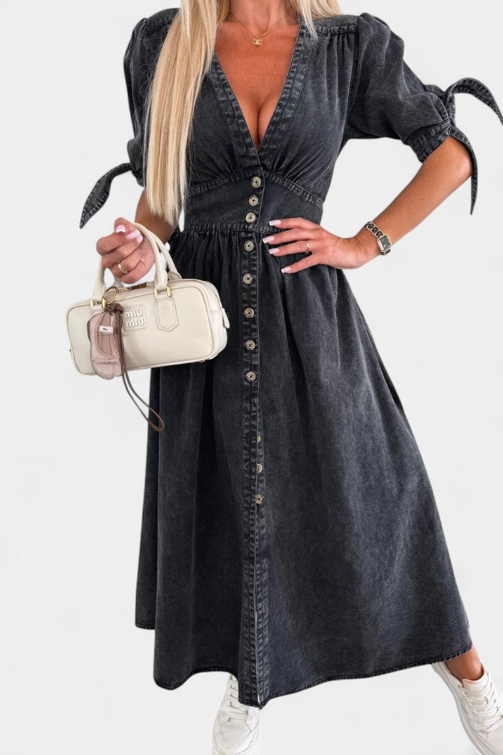 Vestido Midi Denim Premium Con Botones Y Escote V Muy Chic