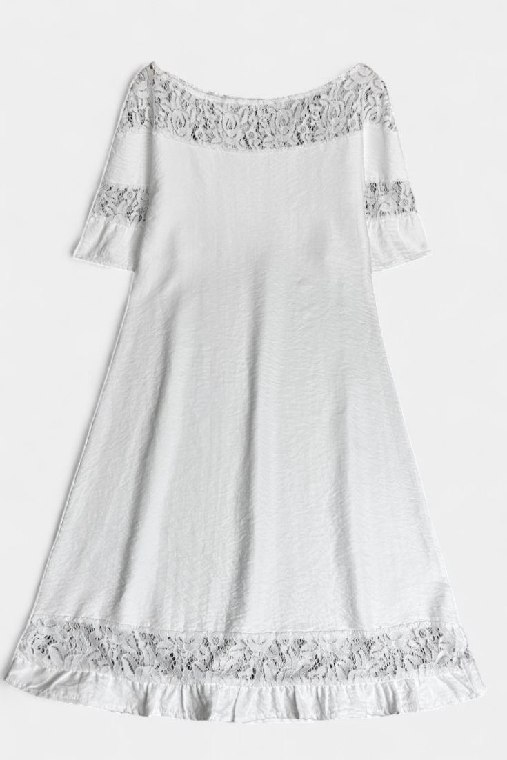 Vestido Lino Con Encaje Cuello Barco Karol Colección Chic